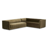 Featuring Phillip Left Arm Facing 2-Piece Sectional by Four Hands at Amethyst Home. A clean, angular sectional in an eye-catching color. Upholstered in an olive cotton blend, with blind stitching along the seat and back cushions. The slight pronounced seat cushion creates an illusion of being loose, but is actually a fixed cushion with expert tailoring. . Amethyst Home provides interior design, new home construction design consulting, vintage area rugs, and lighting in the Laguna Beach metro area.