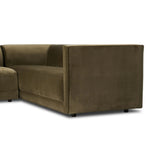 Featuring Phillip Left Arm Facing 2-Piece Sectional by Four Hands at Amethyst Home. A clean, angular sectional in an eye-catching color. Upholstered in an olive cotton blend, with blind stitching along the seat and back cushions. The slight pronounced seat cushion creates an illusion of being loose, but is actually a fixed cushion with expert tailoring. A. Amethyst Home provides interior design, new home construction design consulting, vintage area rugs, and lighting in the Los Angeles metro area.