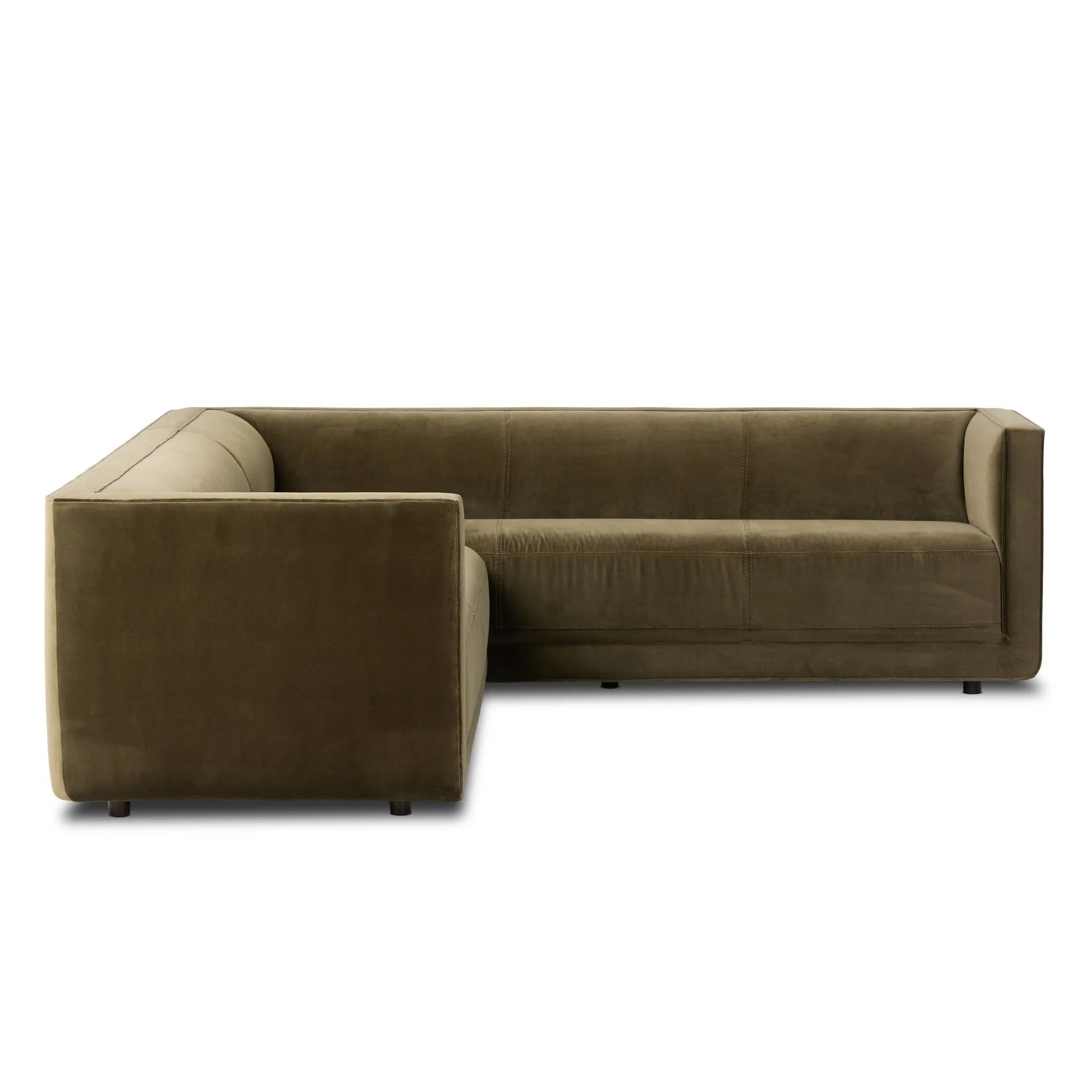 Featuring Phillip Left Arm Facing 2-Piece Sectional by Four Hands at Amethyst Home. A clean, angular sectional in an eye-catching color. Upholstered in an olive cotton blend, with blind stitching along the seat and back cushions. The slight pronounced seat cushion creates an illusion of being loose, but is actually a fixed cushion with expert tailoring. A p. Amethyst Home provides interior design, new home construction design consulting, vintage area rugs, and lighting in the San Diego metro area.