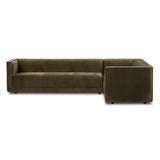 Featuring Phillip Left Arm Facing 2-Piece Sectional by Four Hands at Amethyst Home. A clean, angular sectional in an eye-catching color. Upholstered in an olive cotton blend, with blind stitching along the seat and back cushions. The slight pronounced seat cushion creates an illusion of being loose, but is actually a fixed cushion with expert tailoring. A pipin. Amethyst Home provides interior design, new home construction design consulting, vintage area rugs, and lighting in the Tampa metro area.
