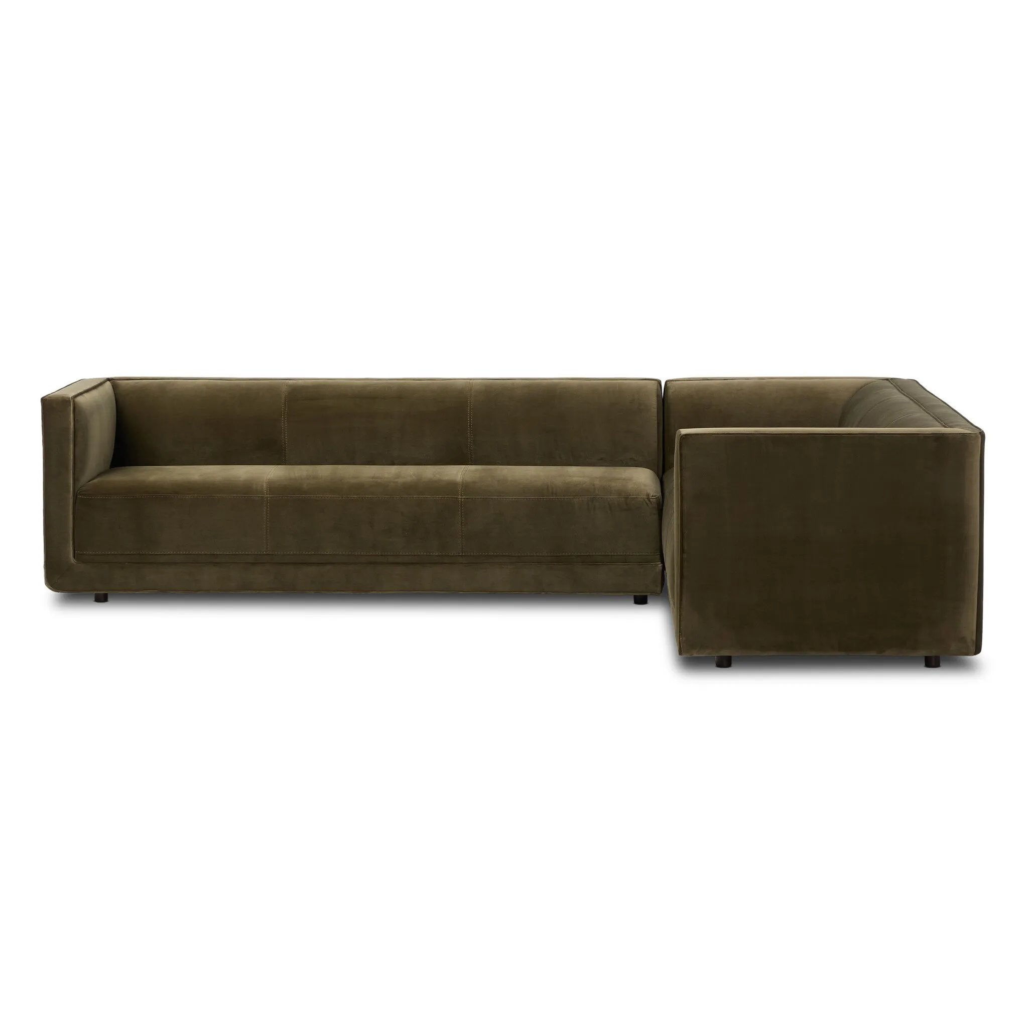 A clean, angular sectional in an eye-catching color. Upholstered in an olive cotton blend, with blind stitching along the seat and back cushions. The slight pronounced seat cushion creates an illusion of being loose, but is actually a fixed cushion with expert tailoring. A piping channel detail gives the arm a finished look Amethyst Home provides interior design, new home construction design consulting, vintage area rugs, and lighting in the Tampa metro area.