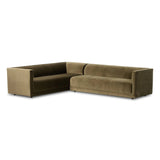 Featuring Phillip Right Arm Facing 2-Piece Sectional by Four Hands at Amethyst Home. A clean, angular sectional in an eye-catching color. Upholstered in an olive cotton blend, with blind stitching along the seat and back cushions. The slight pronounced seat cushion creates an illusion of being loose, but is actually a fixed cushion with expert tailoring. A pip. Amethyst Home provides interior design, new home construction design consulting, vintage area rugs, and lighting in the Austin metro area.