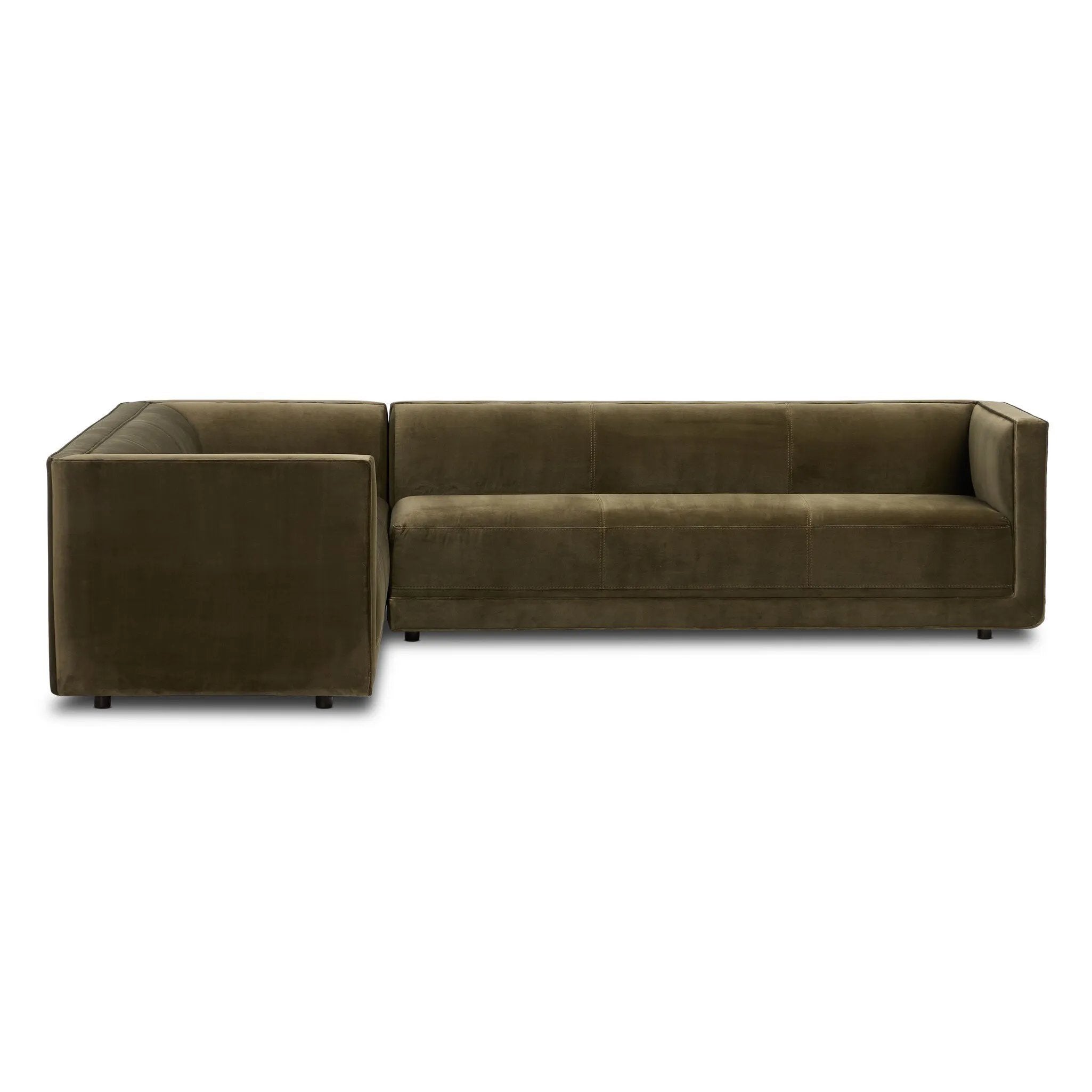 Featuring Phillip Right Arm Facing 2-Piece Sectional by Four Hands at Amethyst Home. A clean, angular sectional in an eye-catching color. Upholstered in an olive cotton blend, with blind stitching along the seat and back cushions. The slight pronounced seat cushion creates an illusion of being loose, but is actually a fixed cushion with expert tailoring. A pipi. Amethyst Home provides interior design, new home construction design consulting, vintage area rugs, and lighting in the Miami metro area.