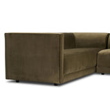 Featuring Phillip Right Arm Facing 2-Piece Sectional by Four Hands at Amethyst Home. A clean, angular sectional in an eye-catching color. Upholstered in an olive cotton blend, with blind stitching along the seat and back cushions. The slight pronounced seat cushion creates an illusion of being loose, but is actually a fixed cushion with expert tailoring. A . Amethyst Home provides interior design, new home construction design consulting, vintage area rugs, and lighting in the San Diego metro area.