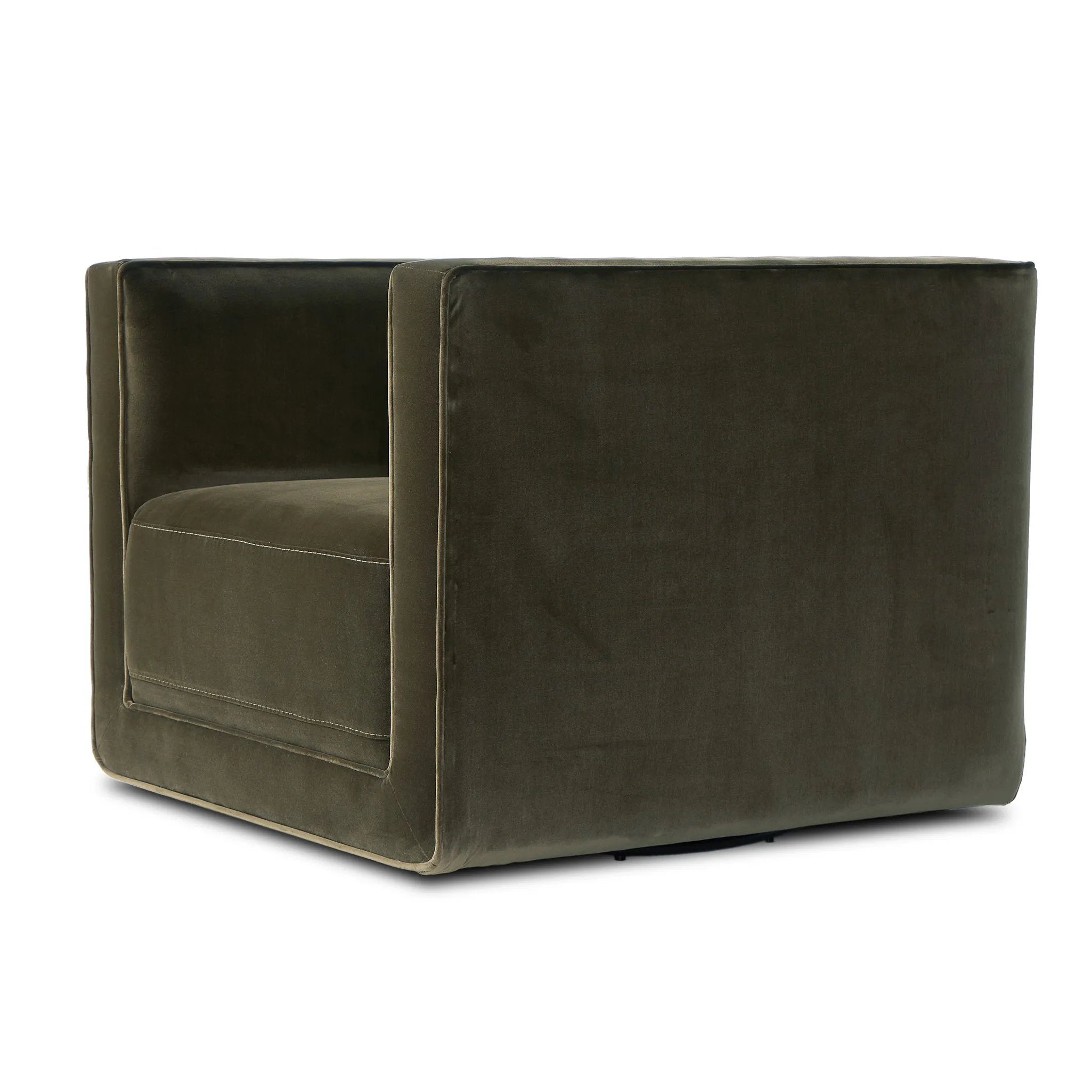 Featuring Phillip Surrey Olive Swivel Chair by Four Hands at Amethyst Home. Style meets substance in this olive cotton-blend swivel chair. Blind stitching along the seat and back cushions create a polished complement to the heritage frame. The slight pronounced seat cushion creates an illusion of being loose, but is actually a fixed cushion with expert tai. Amethyst Home provides interior design, new home construction design consulting, vintage area rugs, and lighting in the Des Moines metro area.