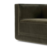 Featuring Phillip Surrey Olive Swivel Chair by Four Hands at Amethyst Home. Style meets substance in this olive cotton-blend swivel chair. Blind stitching along the seat and back cushions create a polished complement to the heritage frame. The slight pronounced seat cushion creates an illusion of being loose, but is actually a fixed cushion with expert tai. Amethyst Home provides interior design, new home construction design consulting, vintage area rugs, and lighting in the Scottsdale metro area.