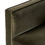 Featuring Phillip Surrey Olive Swivel Chair by Four Hands at Amethyst Home. Style meets substance in this olive cotton-blend swivel chair. Blind stitching along the seat and back cushions create a polished complement to the heritage frame. The slight pronounced seat cushion creates an illusion of being loose, but is actually a fixed cushion with expert tai. Amethyst Home provides interior design, new home construction design consulting, vintage area rugs, and lighting in the Washington metro area.