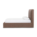 This versatile campaign-inspired piece suits any bedroom. A simple square frame shows off tailored modern upholstery of a brown flax/linen fabric, complemented by leather button closure details.As fans of clean style at Amethyst, we love the optimistic inspired Phoebe Bed. Amethyst Home provides interior design, new home construction design consulting, vintage area rugs, and lighting in the Salt Lake City metro area.