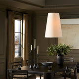 Give your space a sleek look with a Japanese-inspired overscale tapered linen shade suspended by a black fabric cord Amethyst