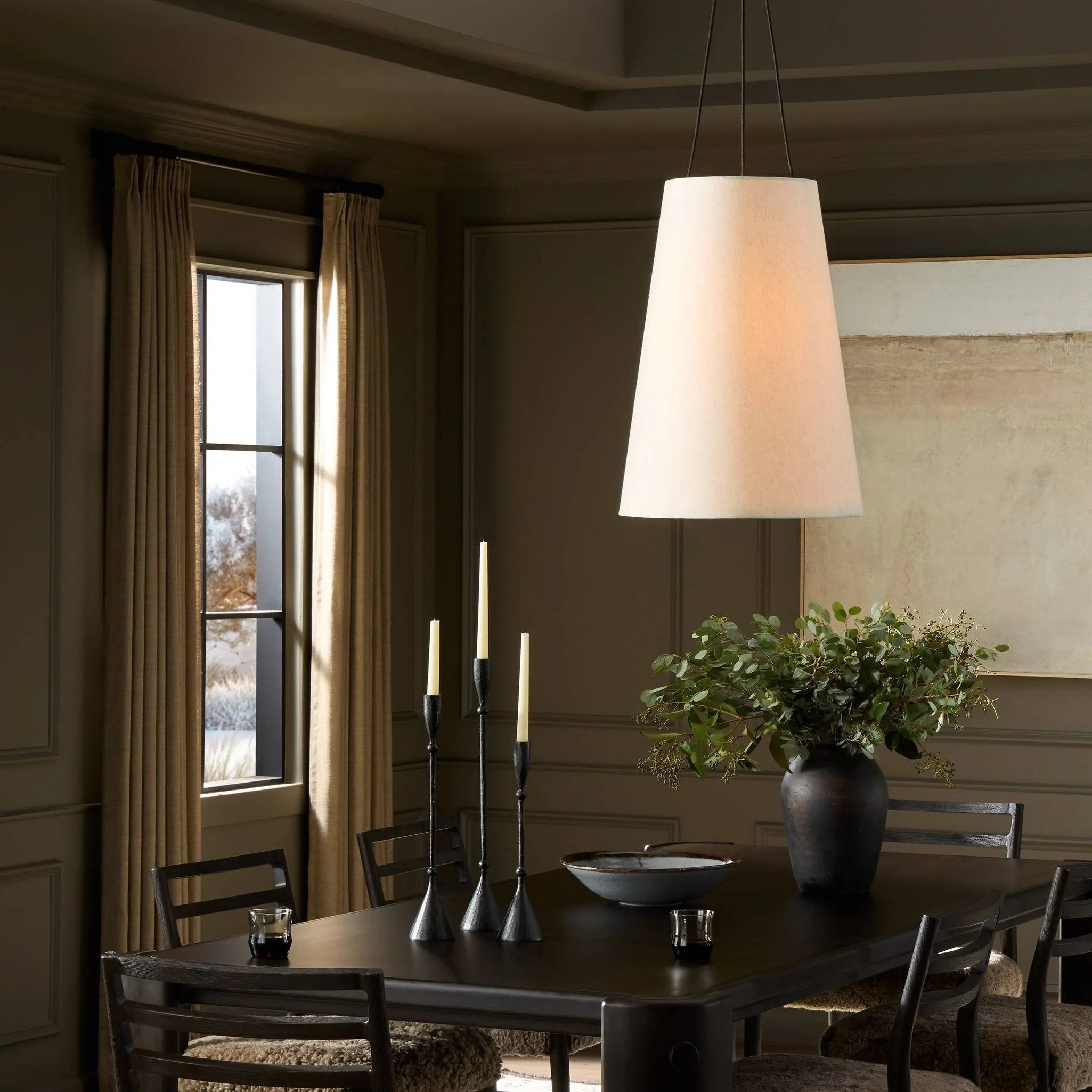 Give your space a sleek look with a Japanese-inspired overscale tapered linen shade suspended by a black fabric cord Amethyst