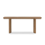A shape-driven console table made from thick-cut oak veneer features overscale proportions and half-moon shaping, with a warm grey-brown finish Amethyst Home provides interior design, new home construction design consulting, vintage area rugs, and lighting in the Austin metro area.