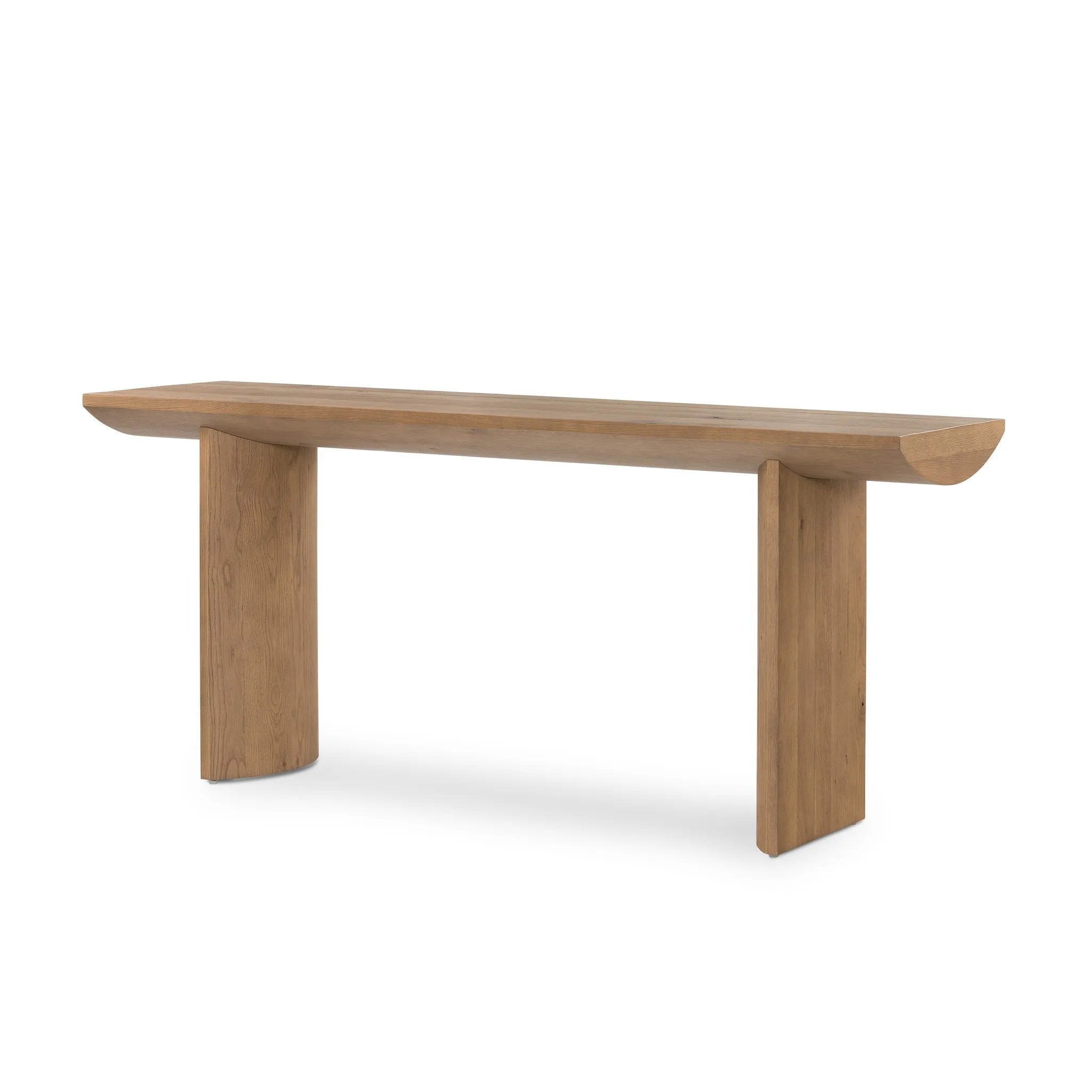 A shape-driven console table made from thick-cut oak veneer features overscale proportions and half-moon shaping, with a warm grey-brown finish Amethyst Home provides interior design, new home construction design consulting, vintage area rugs, and lighting in the Salt Lake City metro area.