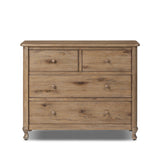 A classic chest stores in everlasting style. Crafted with heavy weathered oak with natural cracks and graining, the front has beading around the drawers for an heirloom appeal. It's finished in a tonal brown, with turned wood hardware Amethyst Home provides interior design, new home construction design consulting, vintage area rugs, and lighting in the Los Angeles metro area.
