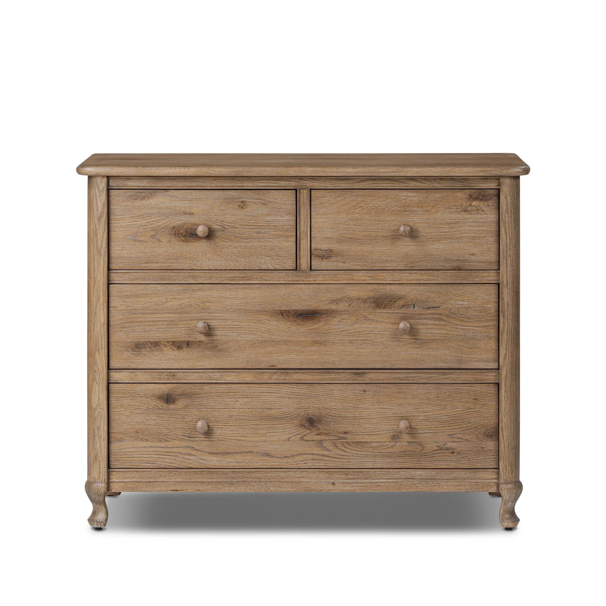 A classic chest stores in everlasting style. Crafted with heavy weathered oak with natural cracks and graining, the front has beading around the drawers for an heirloom appeal. It's finished in a tonal brown, with turned wood hardware Amethyst Home provides interior design, new home construction design consulting, vintage area rugs, and lighting in the Los Angeles metro area.