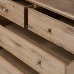 A classic chest stores in everlasting style. Crafted with heavy weathered oak with natural cracks and graining, the front has beading around the drawers for an heirloom appeal. It's finished in a tonal brown, with turned wood hardware Amethyst Home provides interior design, new home construction design consulting, vintage area rugs, and lighting in the Portland metro area.