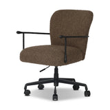 Work in comfort and style with this texture-driven desk chair. Black hammered and forged iron arms frame a seat and back upholstered in a textured weave  fabric. Performance fabrics are specially created to withstand spills, stains, high traffic and wear, ensuring long-term comfort and unmatched durability. Amethyst Home provides interior design, new home construction design consulting, vintage area rugs, and lighting in the Alpharetta metro area.