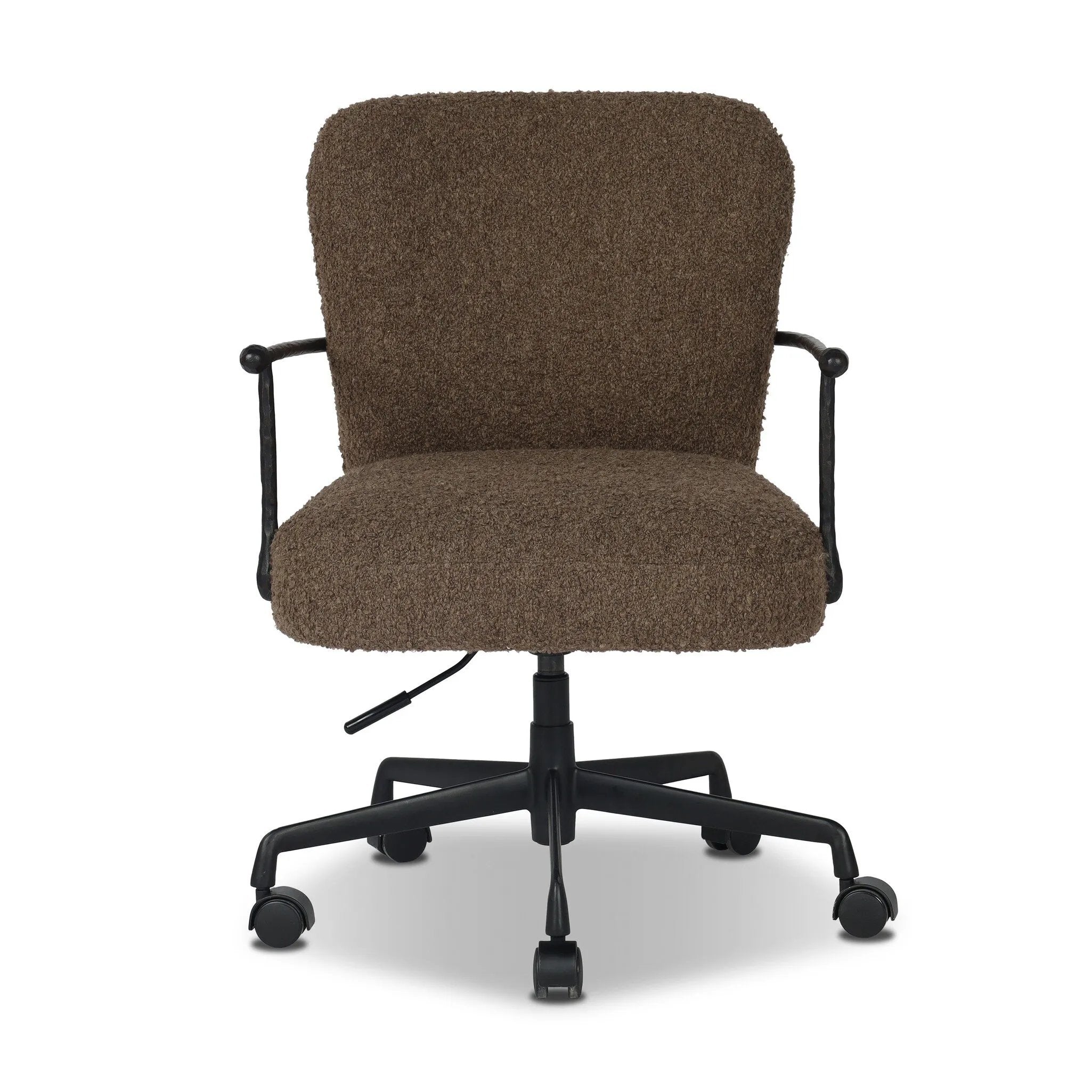 Work in comfort and style with this texture-driven desk chair. Black hammered and forged iron arms frame a seat and back upholstered in a textured weave  fabric. Performance fabrics are specially created to withstand spills, stains, high traffic and wear, ensuring long-term comfort and unmatched durability. Amethyst Home provides interior design, new home construction design consulting, vintage area rugs, and lighting in the Houston metro area.