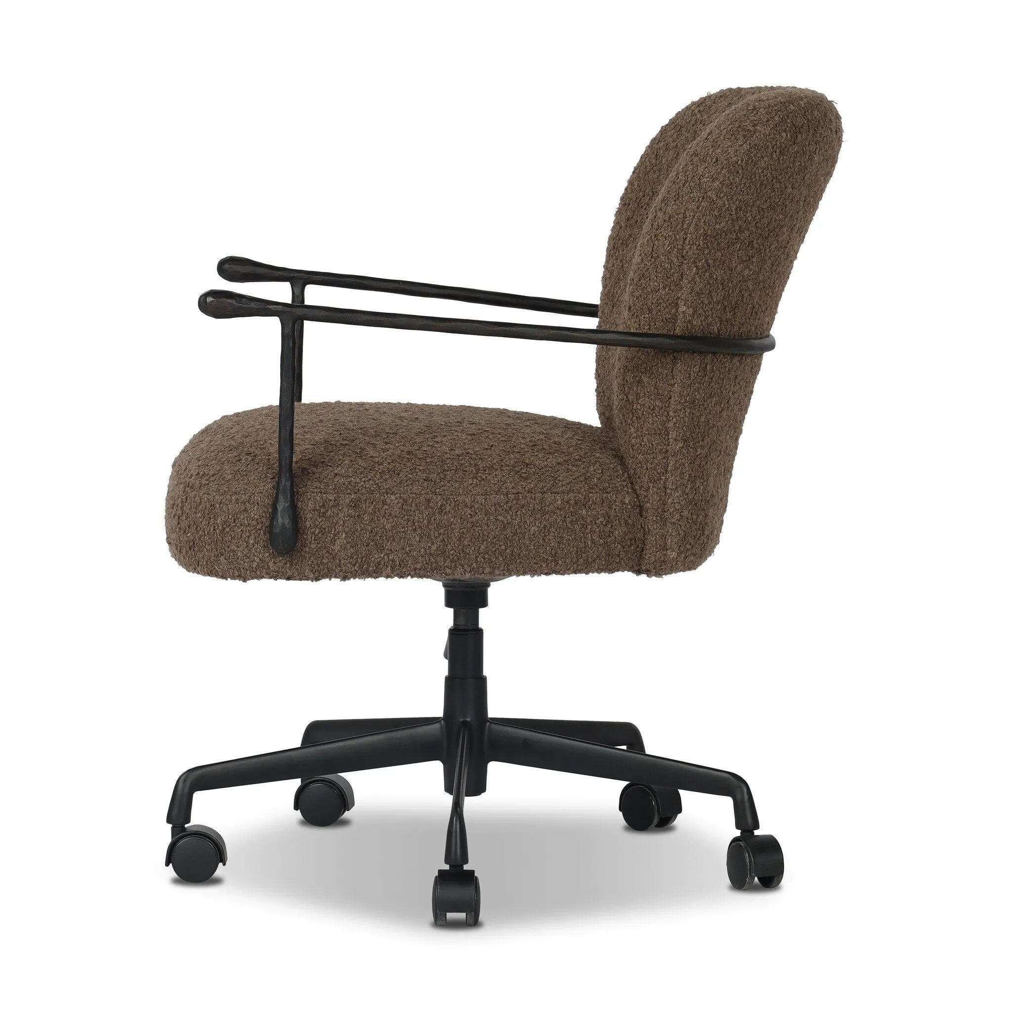 Work in comfort and style with this texture-driven desk chair. Black hammered and forged iron arms frame a seat and back upholstered in a textured weave  fabric. Performance fabrics are specially created to withstand spills, stains, high traffic and wear, ensuring long-term comfort and unmatched durability. Amethyst Home provides interior design, new home construction design consulting, vintage area rugs, and lighting in the Laguna Beach metro area.
