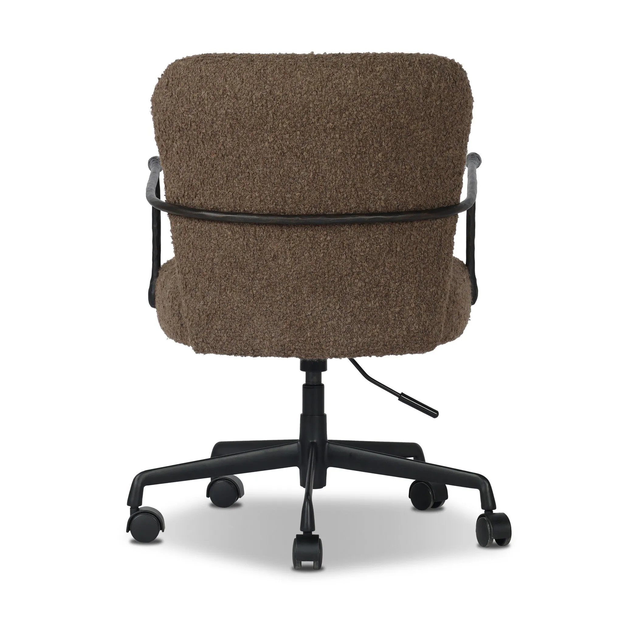 Work in comfort and style with this texture-driven desk chair. Black hammered and forged iron arms frame a seat and back upholstered in a textured weave  fabric. Performance fabrics are specially created to withstand spills, stains, high traffic and wear, ensuring long-term comfort and unmatched durability. Amethyst Home provides interior design, new home construction design consulting, vintage area rugs, and lighting in the Monterey metro area.
