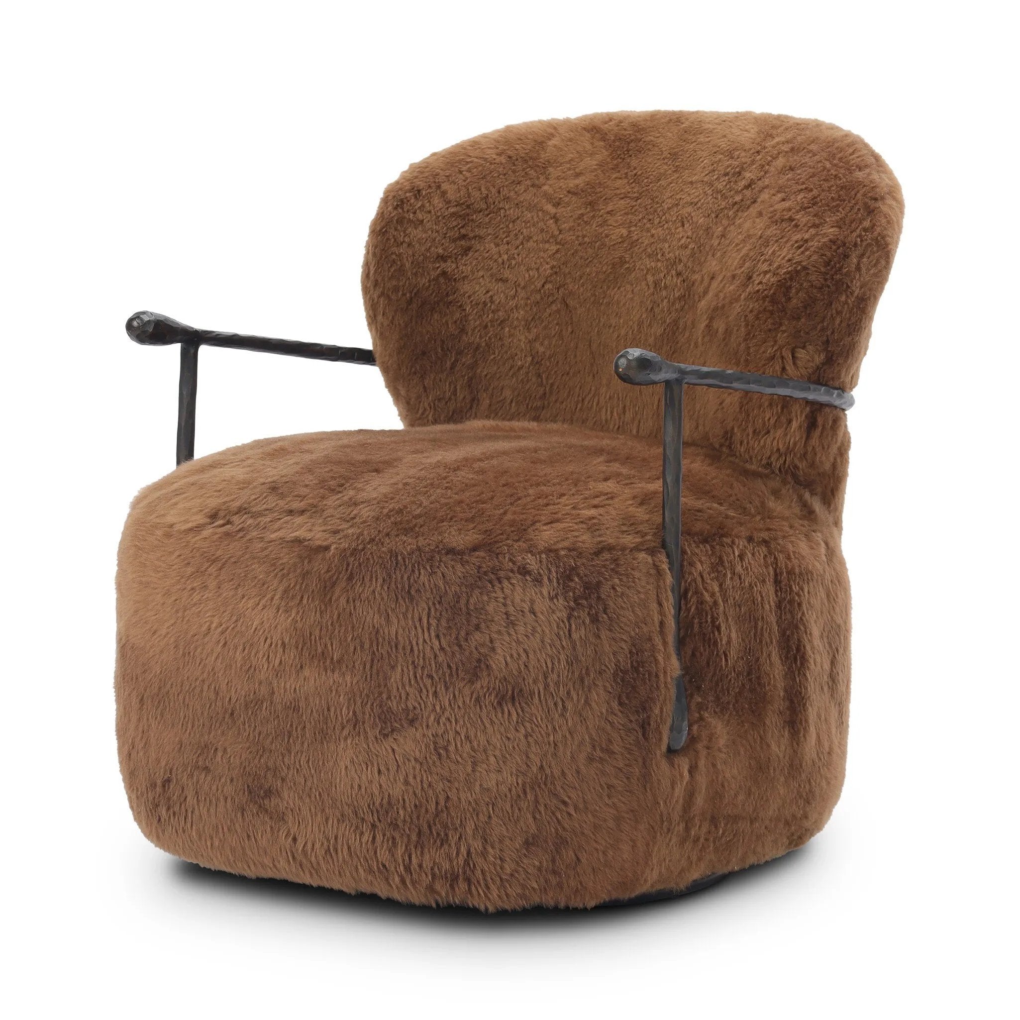Make a statement with this texture-driven swivel chair. Made from 100% sheared sheepskin. For a unique design detail, black iron arms wrap around the back of the chair and have been hammered for even more texture. A 360-swivel base is inset for a clean look. Amethyst Home provides interior design, new home construction design consulting, vintage area rugs, and lighting in the Tampa metro area.
