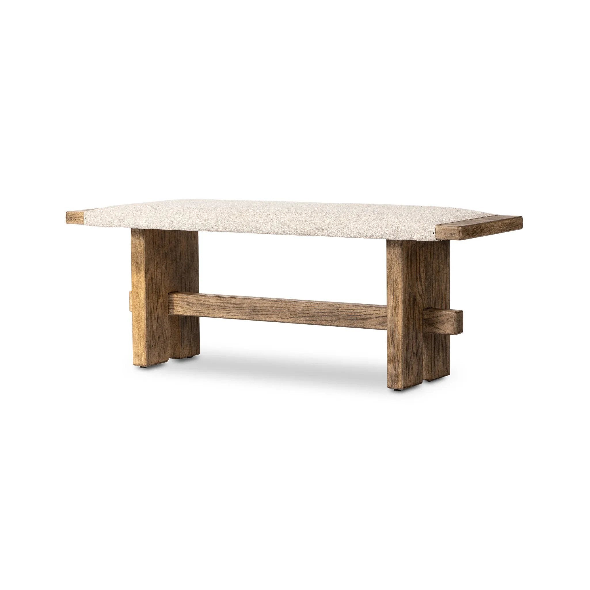 A heritage-inspired bench pairs light, distressed oak with high-performance fabric, bringing extra seating to any room. A pull-through stretcher adds a design-forward touch. Performance fabrics are specially created to withstand spills, stains, high traffic and wear, ensuring long-term comfort and unmatched durability Amethyst Home provides interior design, new home construction design consulting, vintage area rugs, and lighting in the Laguna Beach metro area.