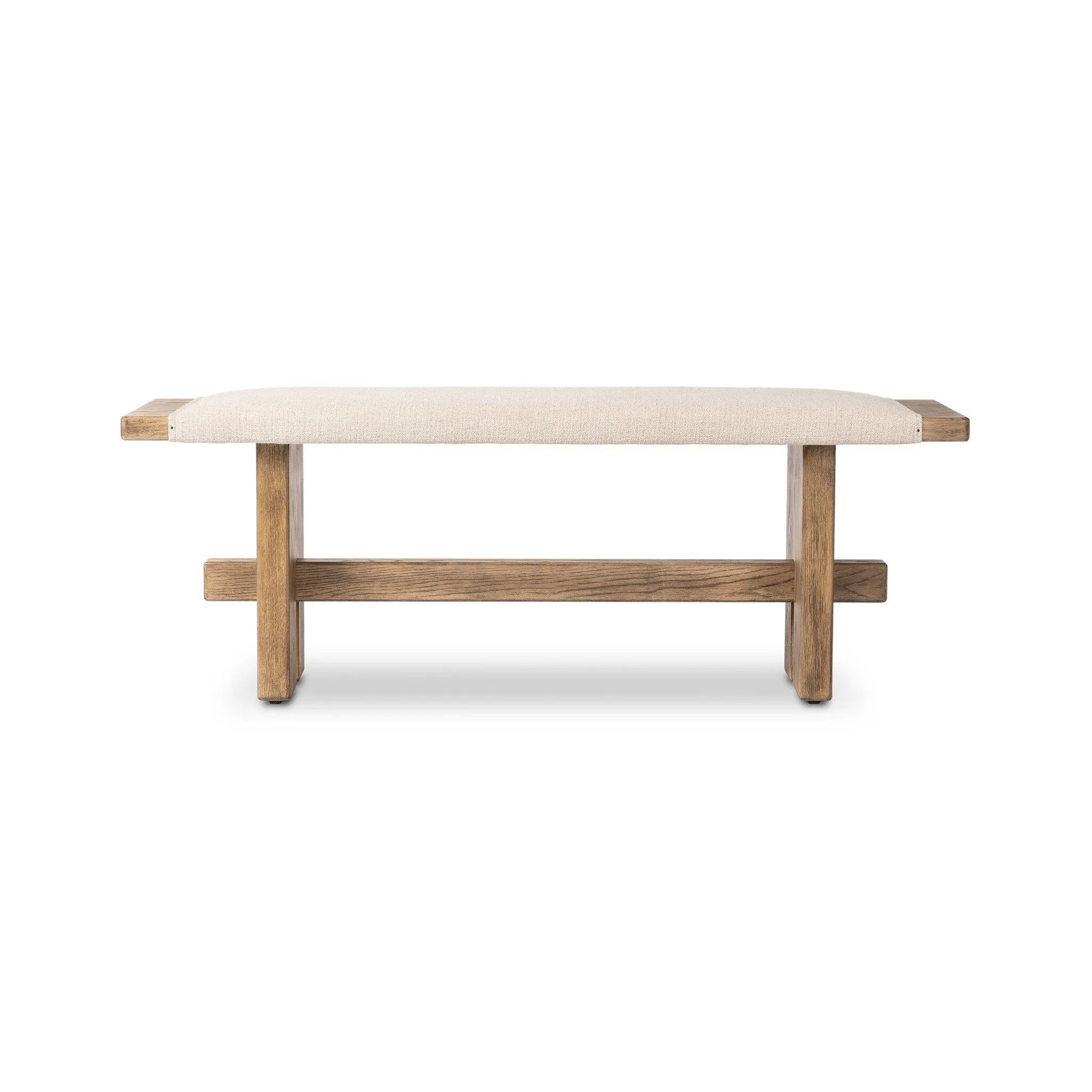 A heritage-inspired bench pairs light, distressed oak with high-performance fabric, bringing extra seating to any room. A pull-through stretcher adds a design-forward touch. Performance fabrics are specially created to withstand spills, stains, high traffic and wear, ensuring long-term comfort and unmatched durability Amethyst Home provides interior design, new home construction design consulting, vintage area rugs, and lighting in the Monterey metro area.