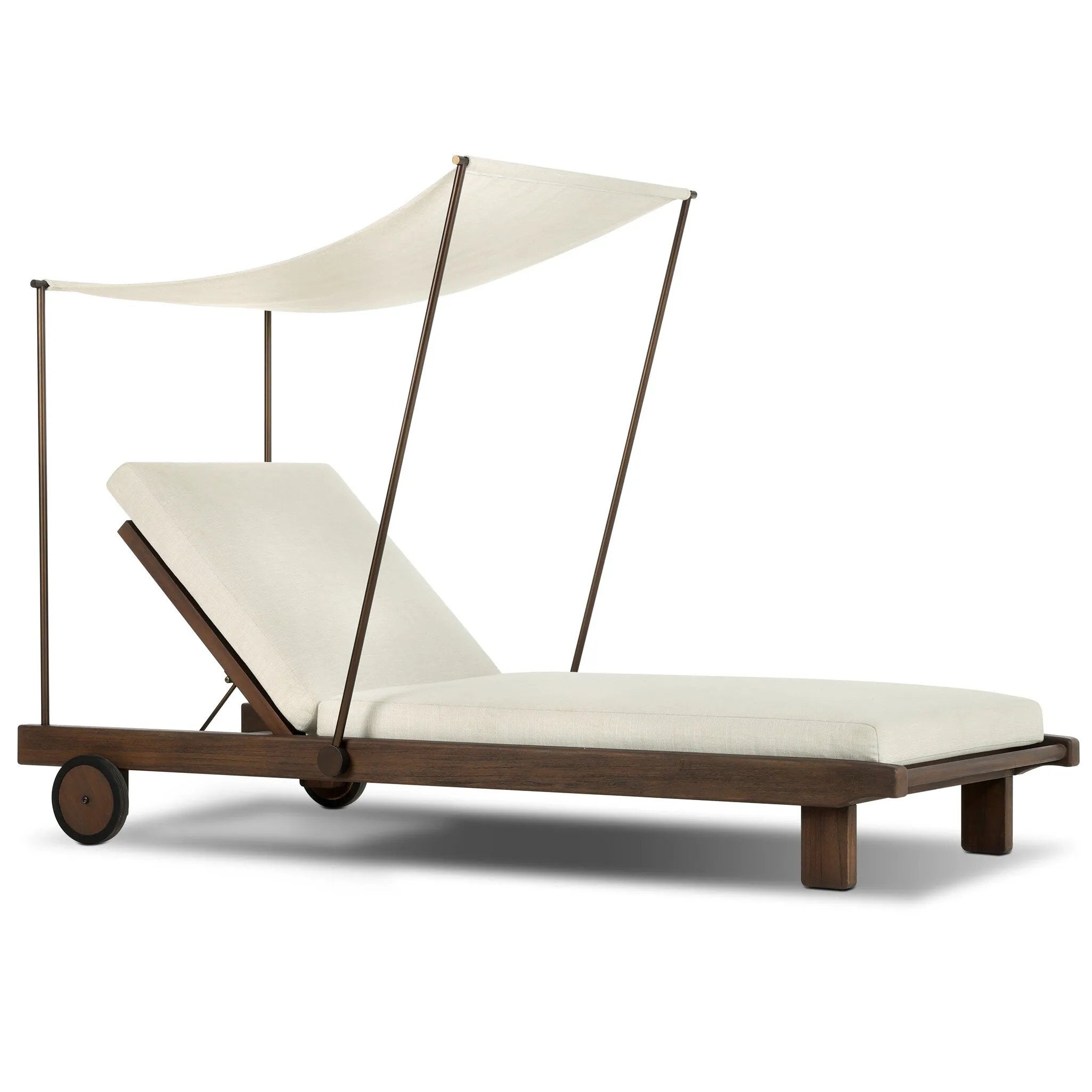 Drawing inspiration from antique rickshaws, this outdoor chaise features wheels and a built-in handle at the front for easy mobility. The adjustable and removable shade canopy offers customizable sun protection, with style. Cover or store inside during inclement weather and when not in use. Amethyst Home provides interior design, new home construction design consulting, vintage area rugs, and lighting in the Salt Lake City metro area.