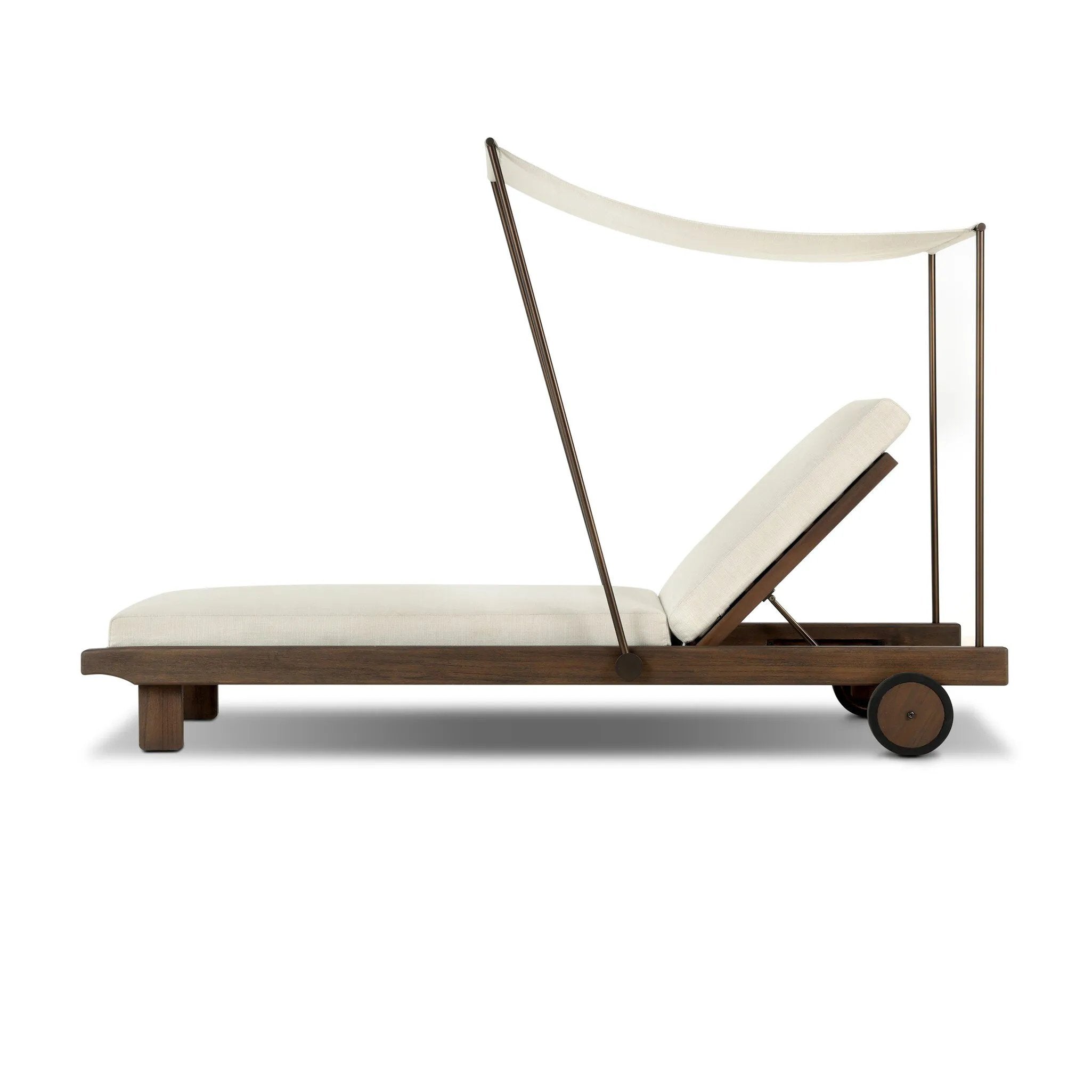 Drawing inspiration from antique rickshaws, this outdoor chaise features wheels and a built-in handle at the front for easy mobility. The adjustable and removable shade canopy offers customizable sun protection, with style. Cover or store inside during inclement weather and when not in use. Amethyst Home provides interior design, new home construction design consulting, vintage area rugs, and lighting in the Winter Garden metro area.