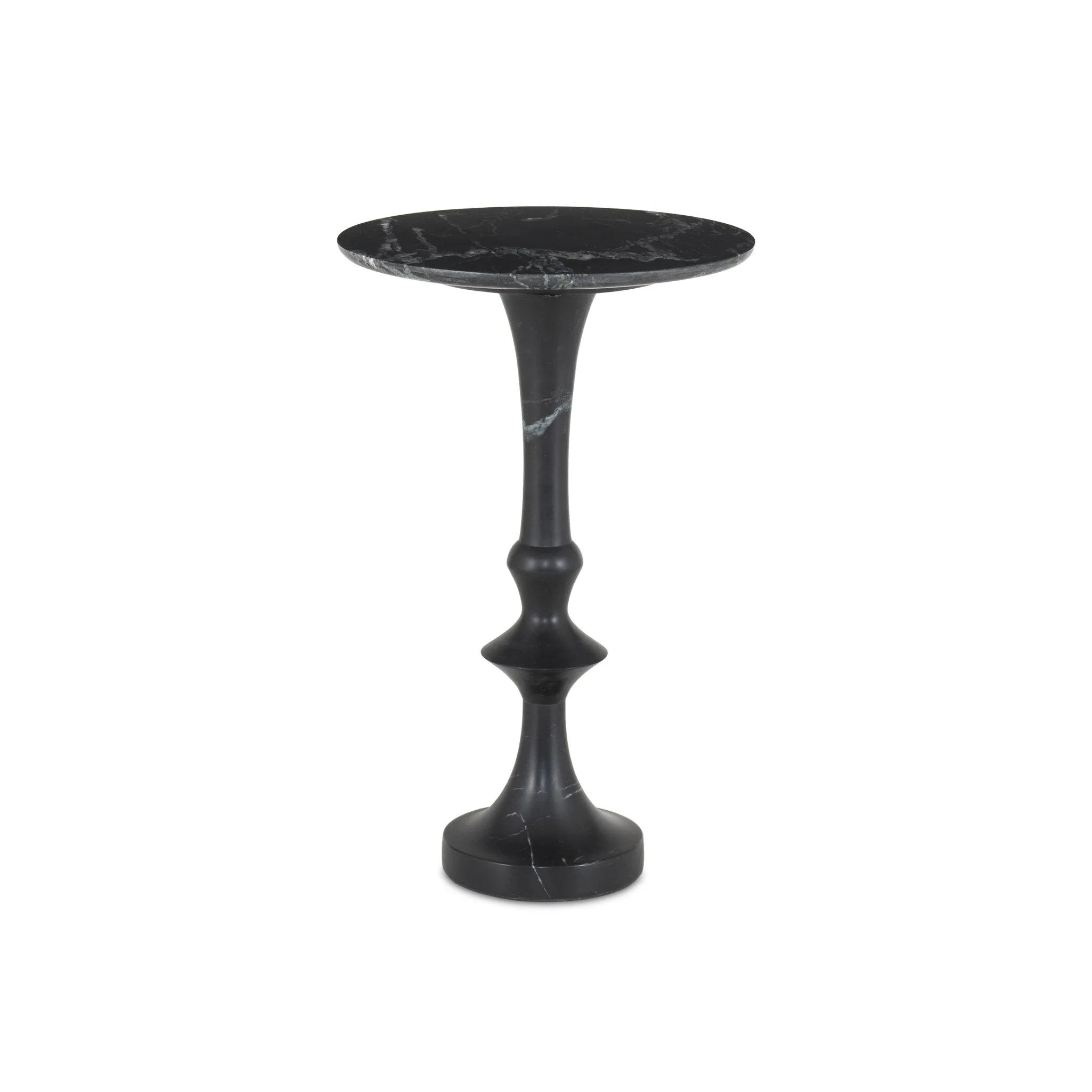 Sculpted from solid black marble, a simply styled end table stands out with its shapely, turned silhouette.Collection: Rockwel Amethyst Home provides interior design, new home construction design consulting, vintage area rugs, and lighting in the Nashville metro area.