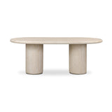 A simple double pedestal silhouette designed to let the material shine. This outdoor dining table features textured sand concrete meant to resemble the variance of natural stone, with a marbled look that's unique to each piece. Cover or store indoors during inclement weather and when not in use Amethyst Home provides interior design, new home construction design consulting, vintage area rugs, and lighting in the Alpharetta metro area.