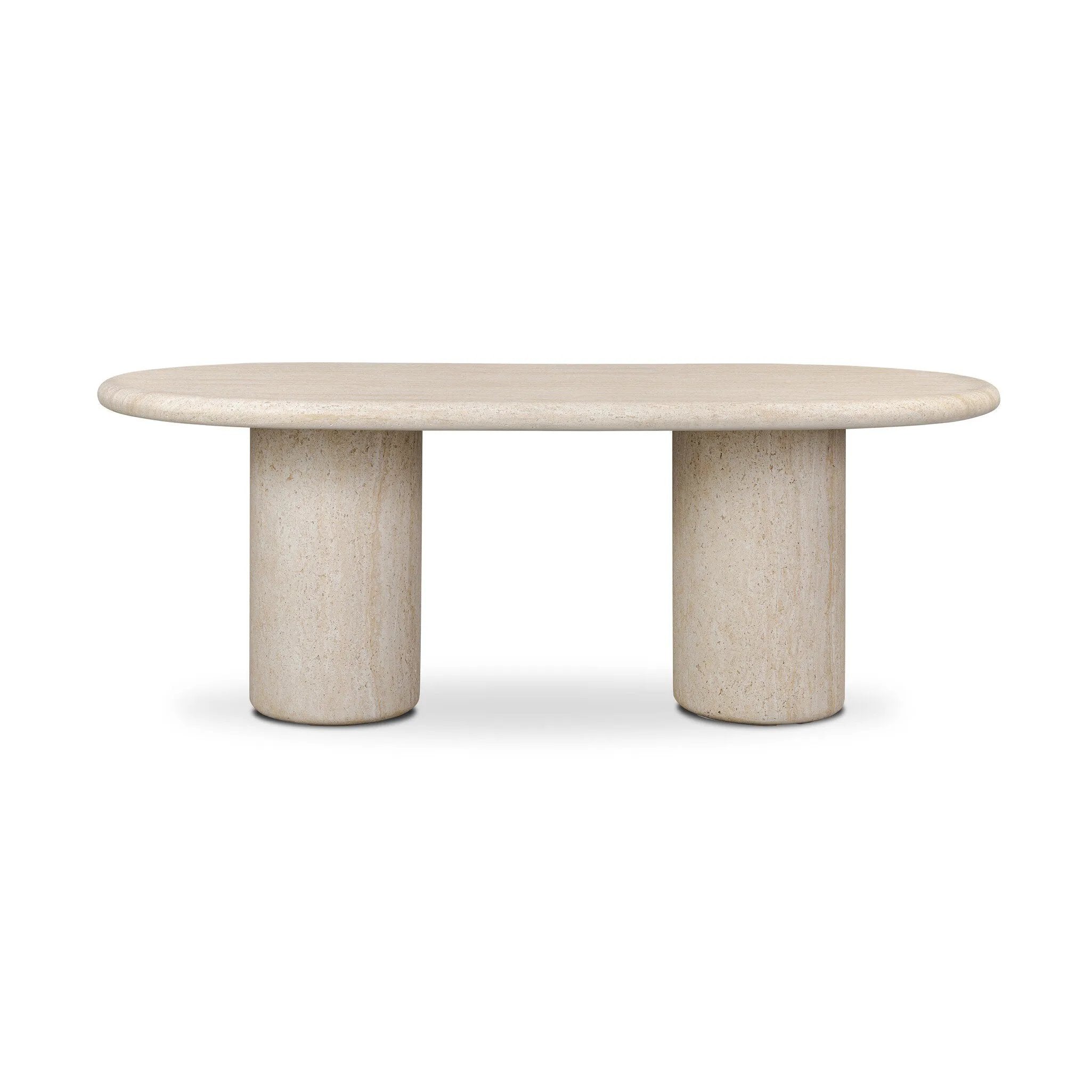 A simple double pedestal silhouette designed to let the material shine. This outdoor dining table features textured sand concrete meant to resemble the variance of natural stone, with a marbled look that's unique to each piece. Cover or store indoors during inclement weather and when not in use Amethyst Home provides interior design, new home construction design consulting, vintage area rugs, and lighting in the Alpharetta metro area.