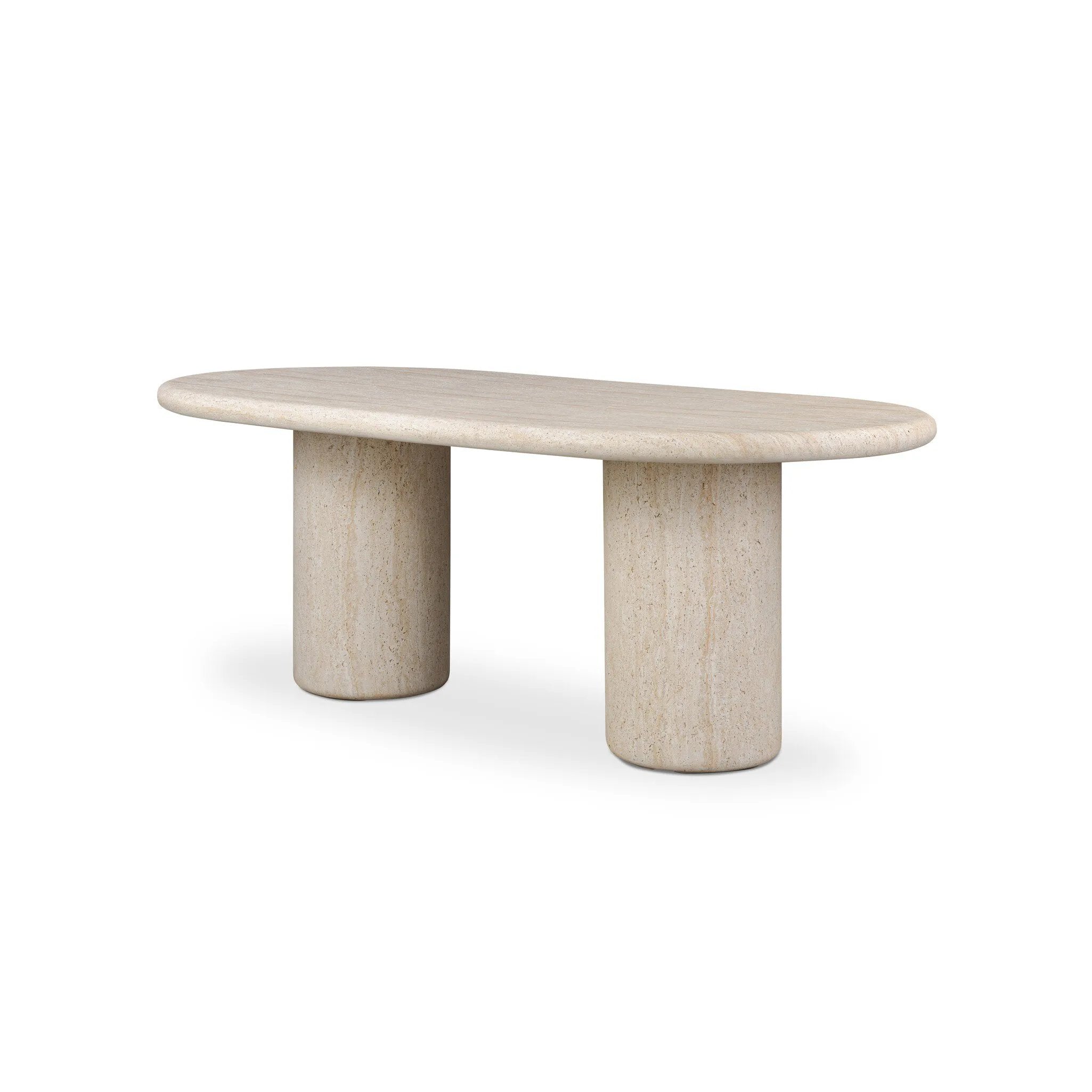 A simple double pedestal silhouette designed to let the material shine. This outdoor dining table features textured sand concrete meant to resemble the variance of natural stone, with a marbled look that's unique to each piece. Cover or store indoors during inclement weather and when not in use Amethyst Home provides interior design, new home construction design consulting, vintage area rugs, and lighting in the Los Angeles metro area.