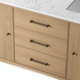 A simple transitional shape designed to function across styles. This bath vanity nods to heritage designs with the softly shaped backsplash, dowel legs, rounded corners and arch frame detail, finished with mixed hardware for added visual interest. Finished with a bath-safe sealant for moisture resistance. Amethyst Home provides interior design, new home construction design consulting, vintage area rugs, and lighting in the Des Moines metro area.