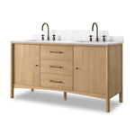 A simple transitional shape designed to function across styles. This bath vanity nods to heritage designs with the softly shaped backsplash, dowel legs, rounded corners and arch frame detail, finished with mixed hardware for added visual interest. Finished with a bath-safe sealant for moisture resistance. Amethyst Home provides interior design, new home construction design consulting, vintage area rugs, and lighting in the Omaha metro area.