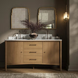 A simple transitional shape designed to function across styles. This bath vanity nods to heritage designs with the softly shaped backsplash, dowel legs, rounded corners and arch frame detail, finished with mixed hardware for added visual interest. Finished with a bath-safe sealant for moisture resistance. Amethyst Home provides interior design, new home construction design consulting, vintage area rugs, and lighting in the Park City metro area.