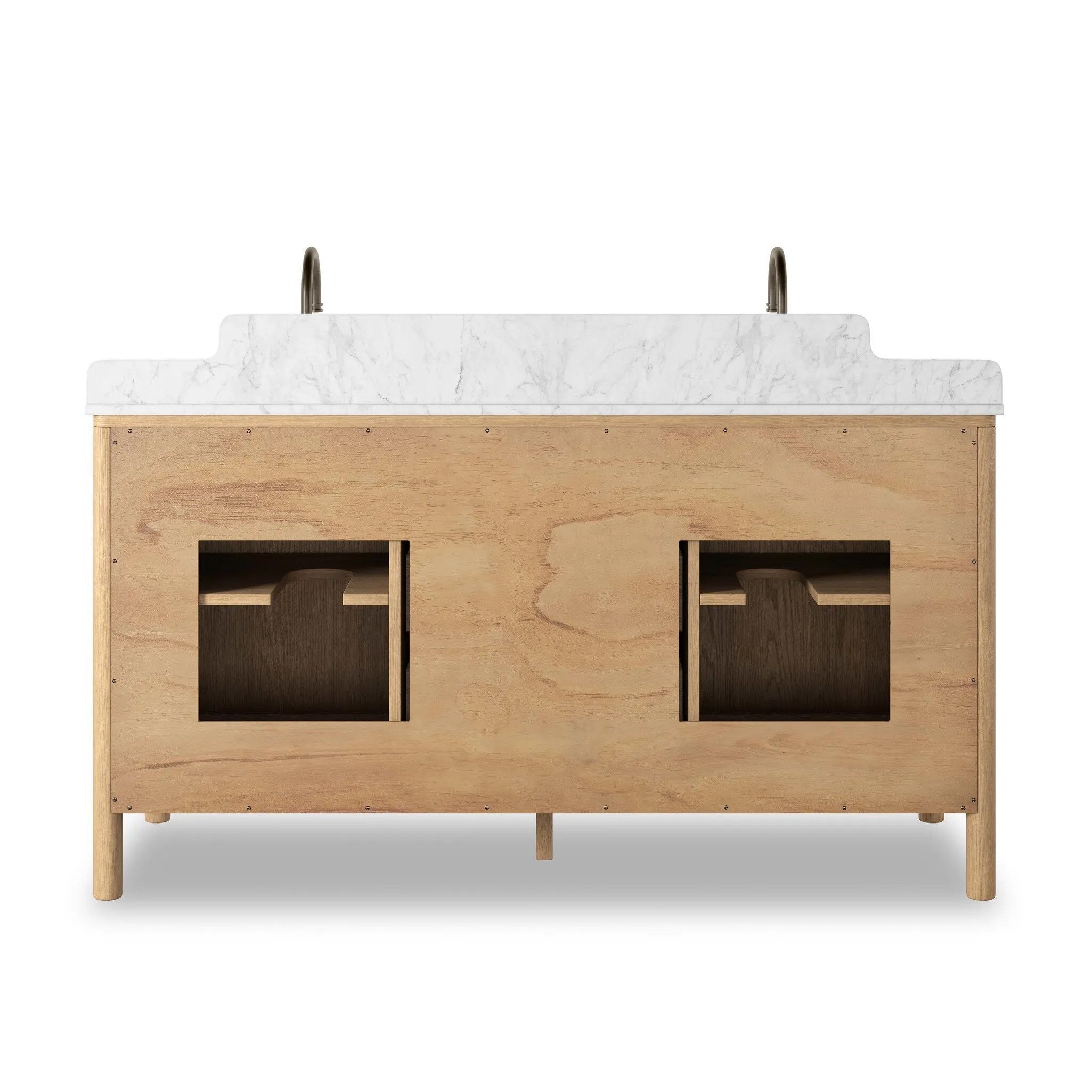 A simple transitional shape designed to function across styles. This bath vanity nods to heritage designs with the softly shaped backsplash, dowel legs, rounded corners and arch frame detail, finished with mixed hardware for added visual interest. Finished with a bath-safe sealant for moisture resistance. Amethyst Home provides interior design, new home construction design consulting, vintage area rugs, and lighting in the Salt Lake City metro area.