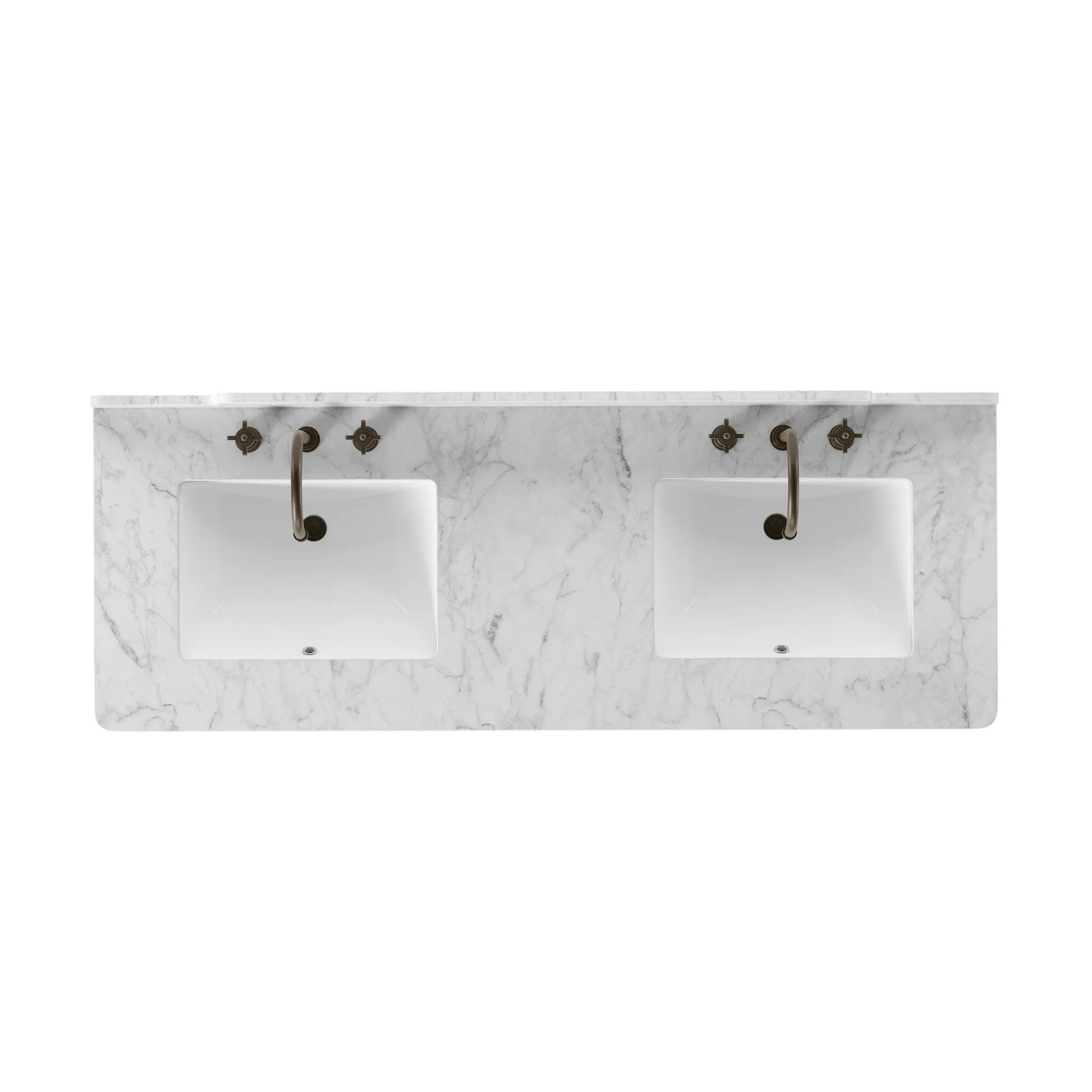 A simple transitional shape designed to function across styles. This bath vanity nods to heritage designs with the softly shaped backsplash, dowel legs, rounded corners and arch frame detail, finished with mixed hardware for added visual interest. Finished with a bath-safe sealant for moisture resistance. Amethyst Home provides interior design, new home construction design consulting, vintage area rugs, and lighting in the Dallas metro area.