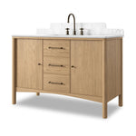 A simple transitional shape designed to function across styles. This bath vanity nods to heritage designs with the softly shaped backsplash, dowel legs, rounded corners and arch frame detail, finished with mixed hardware for added visual interest. Finished with a bath-safe sealant for moisture resistance. Amethyst Home provides interior design, new home construction design consulting, vintage area rugs, and lighting in the Los Angeles metro area.