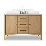 A simple transitional shape designed to function across styles. This bath vanity nods to heritage designs with the softly shaped backsplash, dowel legs, rounded corners and arch frame detail, finished with mixed hardware for added visual interest. Finished with a bath-safe sealant for moisture resistance. Amethyst Home provides interior design, new home construction design consulting, vintage area rugs, and lighting in the Park City metro area.
