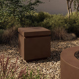This outdoor propane tank enclosure pairs with fire tables for a clean, seamless look. Made from glass-reinforced concrete, each piece is naturally finished with deep tones of pewter and dark grey. It can act as an end table with its lid on, and has cutouts at the base for hose attachments. Amethyst Home provides interior design, new home construction design consulting, vintage area rugs, and lighting in the Salt Lake City metro area.