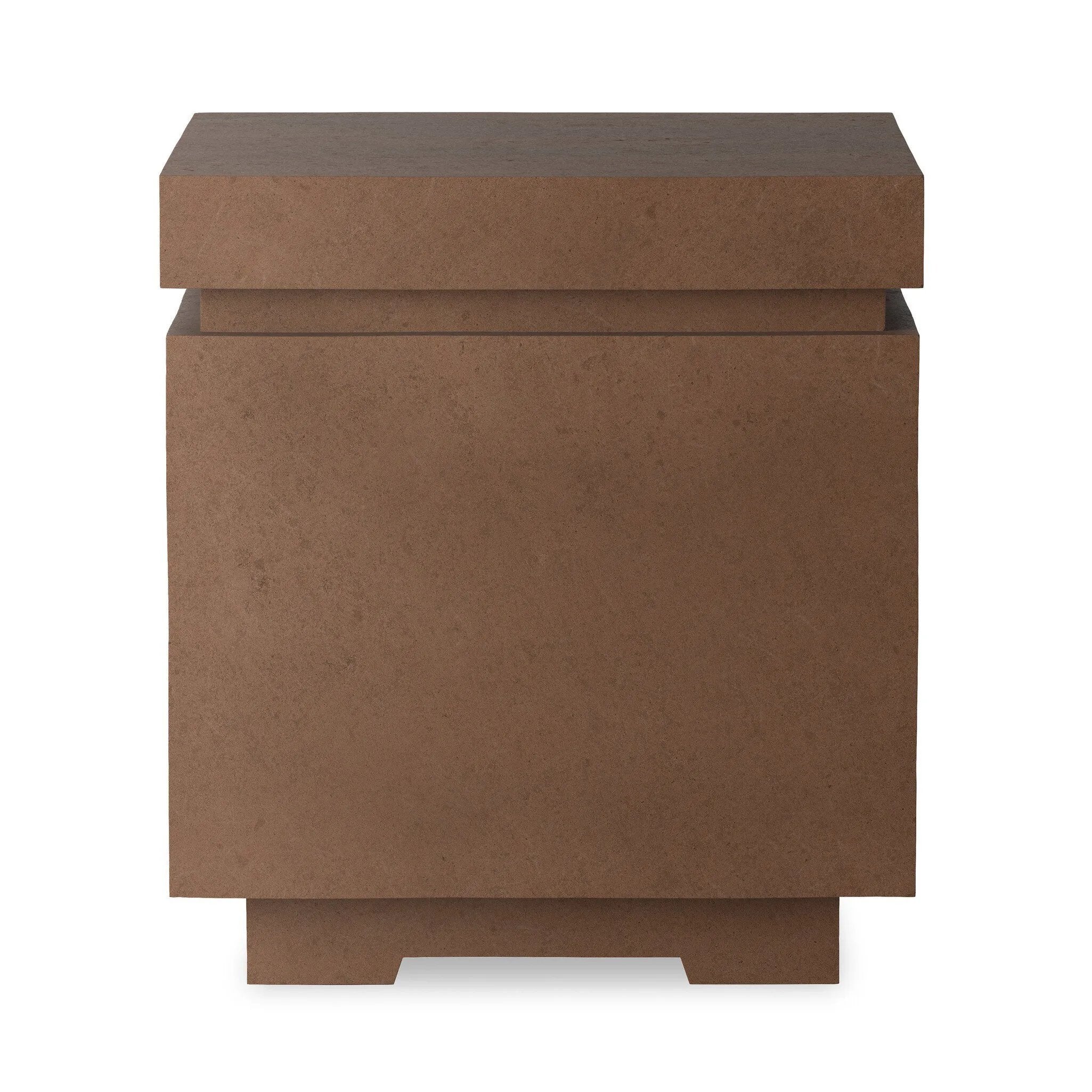 This outdoor propane tank enclosure pairs with fire tables for a clean, seamless look. Made from glass-reinforced concrete, each piece is naturally finished with deep tones of pewter and dark grey. It can act as an end table with its lid on, and has cutouts at the base for hose attachments. Amethyst Home provides interior design, new home construction design consulting, vintage area rugs, and lighting in the Winter Garden metro area.