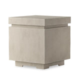This outdoor propane tank enclosure pairs with fire tables for a clean, seamless look. Made from glass-reinforced concrete, each piece is naturally finished with subtle tones of grey and cream. It can act as an end table with its lid on, and has cutouts at the base for hose attachments. Amethyst Home provides interior design, new home construction design consulting, vintage area rugs, and lighting in the Kansas City metro area.