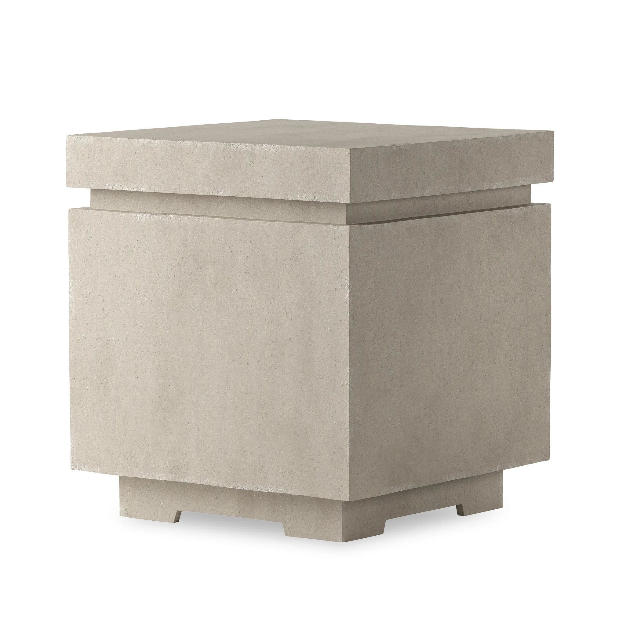 This outdoor propane tank enclosure pairs with fire tables for a clean, seamless look. Made from glass-reinforced concrete, each piece is naturally finished with subtle tones of grey and cream. It can act as an end table with its lid on, and has cutouts at the base for hose attachments. Amethyst Home provides interior design, new home construction design consulting, vintage area rugs, and lighting in the Kansas City metro area.
