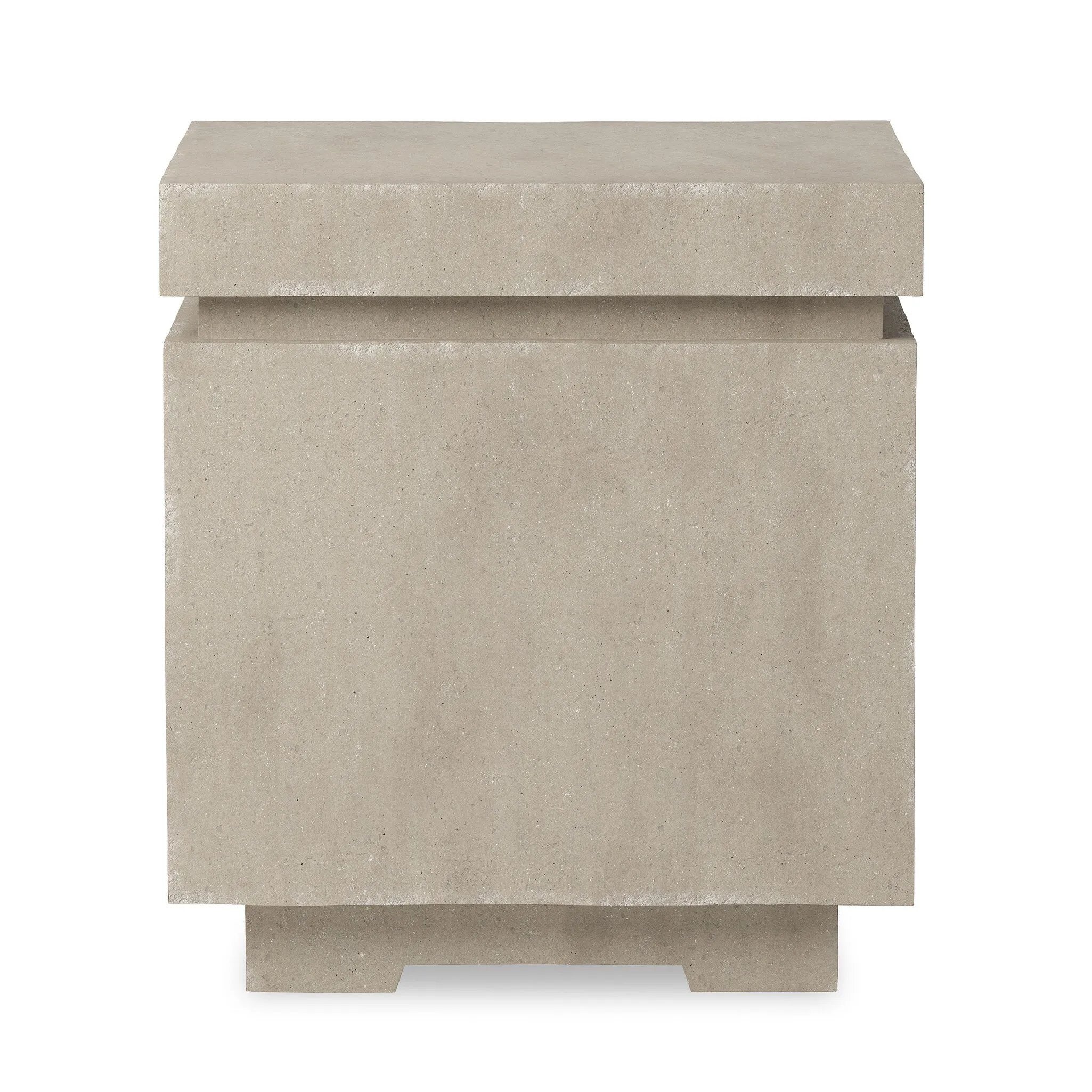 This outdoor propane tank enclosure pairs with fire tables for a clean, seamless look. Made from glass-reinforced concrete, each piece is naturally finished with subtle tones of grey and cream. It can act as an end table with its lid on, and has cutouts at the base for hose attachments. Amethyst Home provides interior design, new home construction design consulting, vintage area rugs, and lighting in the Newport Beach metro area.