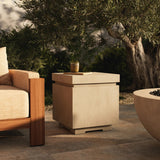 This outdoor propane tank enclosure pairs with fire tables for a clean, seamless look. Made from glass-reinforced concrete, each piece is naturally finished with subtle tones of grey and cream. It can act as an end table with its lid on, and has cutouts at the base for hose attachments. Amethyst Home provides interior design, new home construction design consulting, vintage area rugs, and lighting in the San Diego metro area.