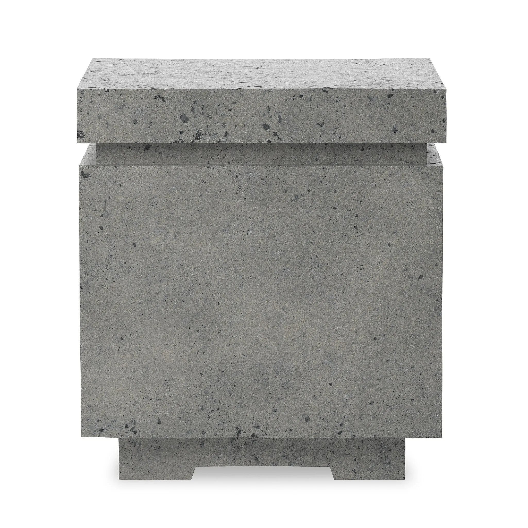 This outdoor propane tank enclosure pairs with fire tables for a clean, seamless look. Made from glass-reinforced concrete, each piece is naturally finished with deep tones of pewter and dark grey. It can act as an end table with its lid on, and has cutouts at the base for hose attachments. Amethyst Home provides interior design, new home construction design consulting, vintage area rugs, and lighting in the Kansas City metro area.