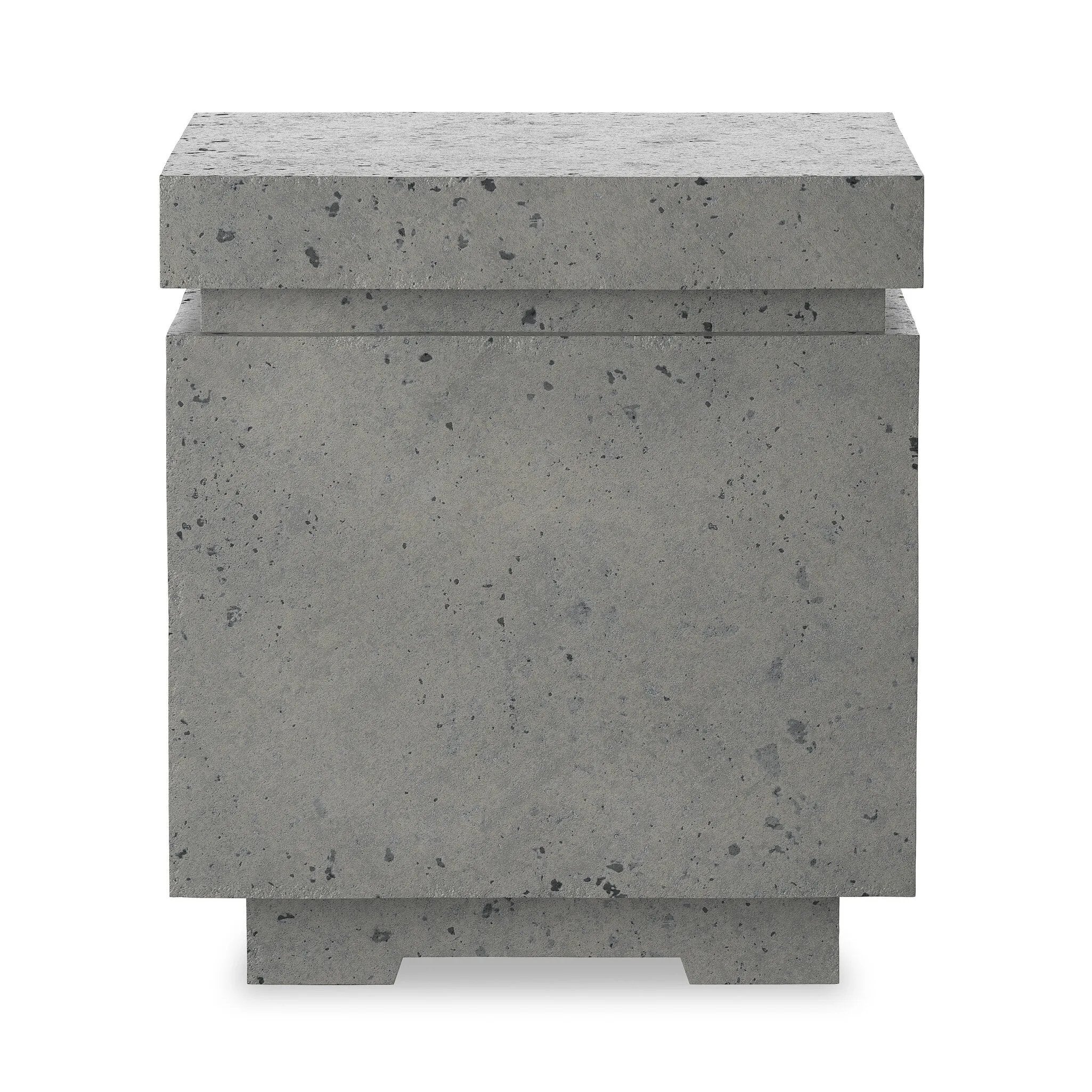 This outdoor propane tank enclosure pairs with fire tables for a clean, seamless look. Made from glass-reinforced concrete, each piece is naturally finished with deep tones of pewter and dark grey. It can act as an end table with its lid on, and has cutouts at the base for hose attachments. Amethyst Home provides interior design, new home construction design consulting, vintage area rugs, and lighting in the Winter Garden metro area.