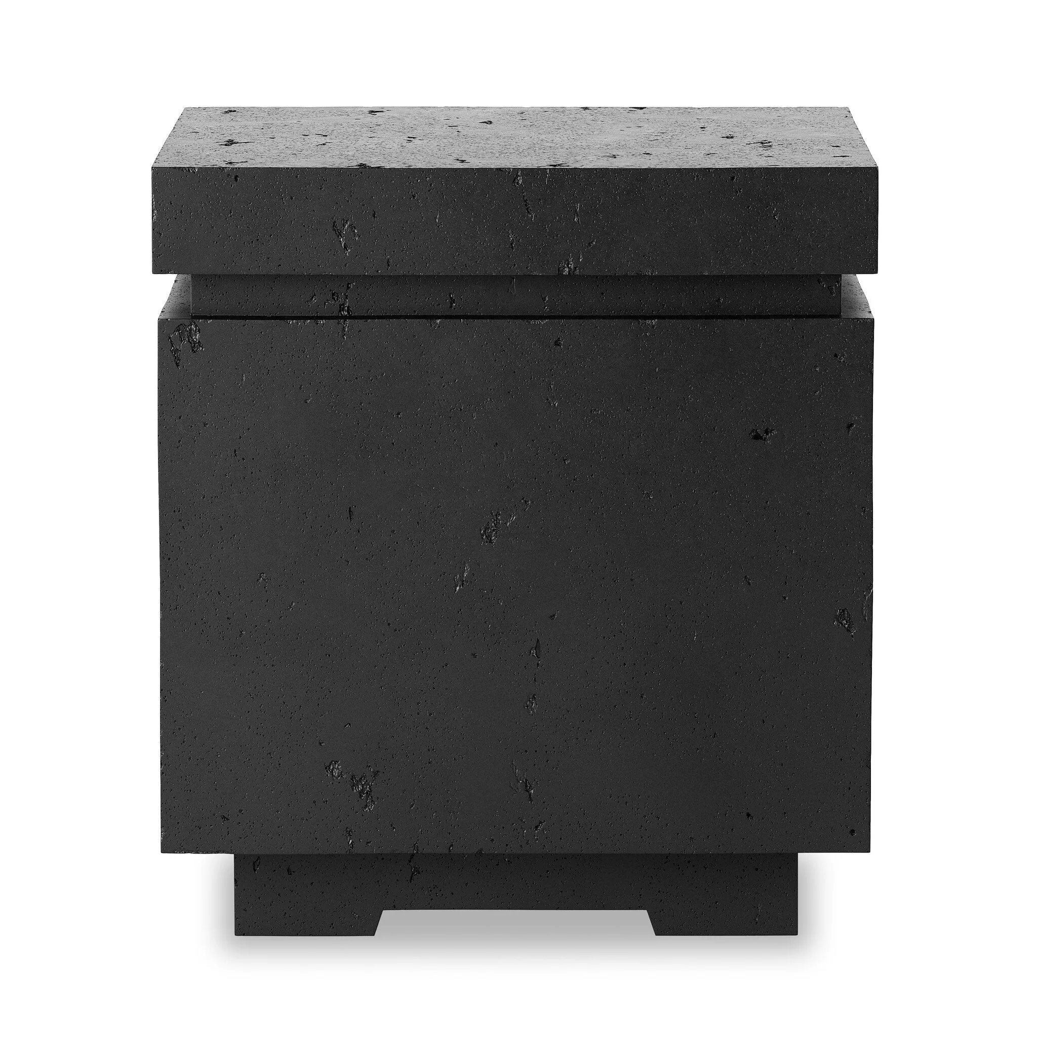 This outdoor propane tank enclosure pairs with fire tables for a clean, seamless look. Made from glass-reinforced concrete, each piece is naturally finished with deep tones of charcoal. It can act as an end table with its lid on, and has cutouts at the base for hose attachments. Cover or store indoors during inclement weather and when not in use. Amethyst Home provides interior design, new home construction design consulting, vintage area rugs, and lighting in the Des Moines metro area.