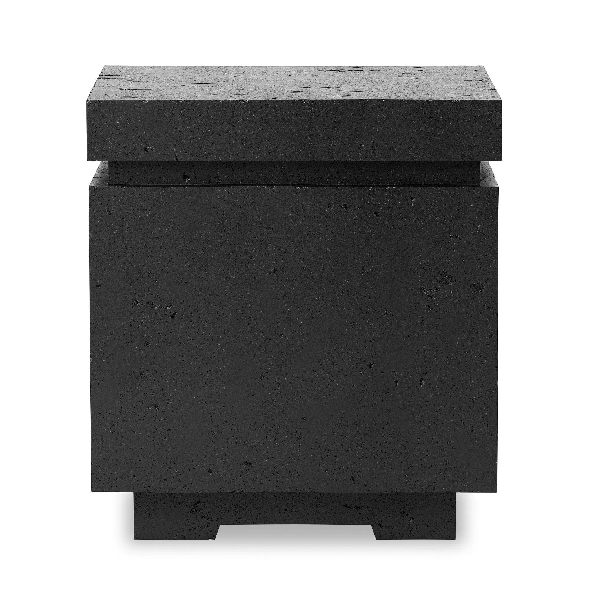 This outdoor propane tank enclosure pairs with fire tables for a clean, seamless look. Made from glass-reinforced concrete, each piece is naturally finished with deep tones of charcoal. It can act as an end table with its lid on, and has cutouts at the base for hose attachments. Cover or store indoors during inclement weather and when not in use. Amethyst Home provides interior design, new home construction design consulting, vintage area rugs, and lighting in the Nashville metro area.