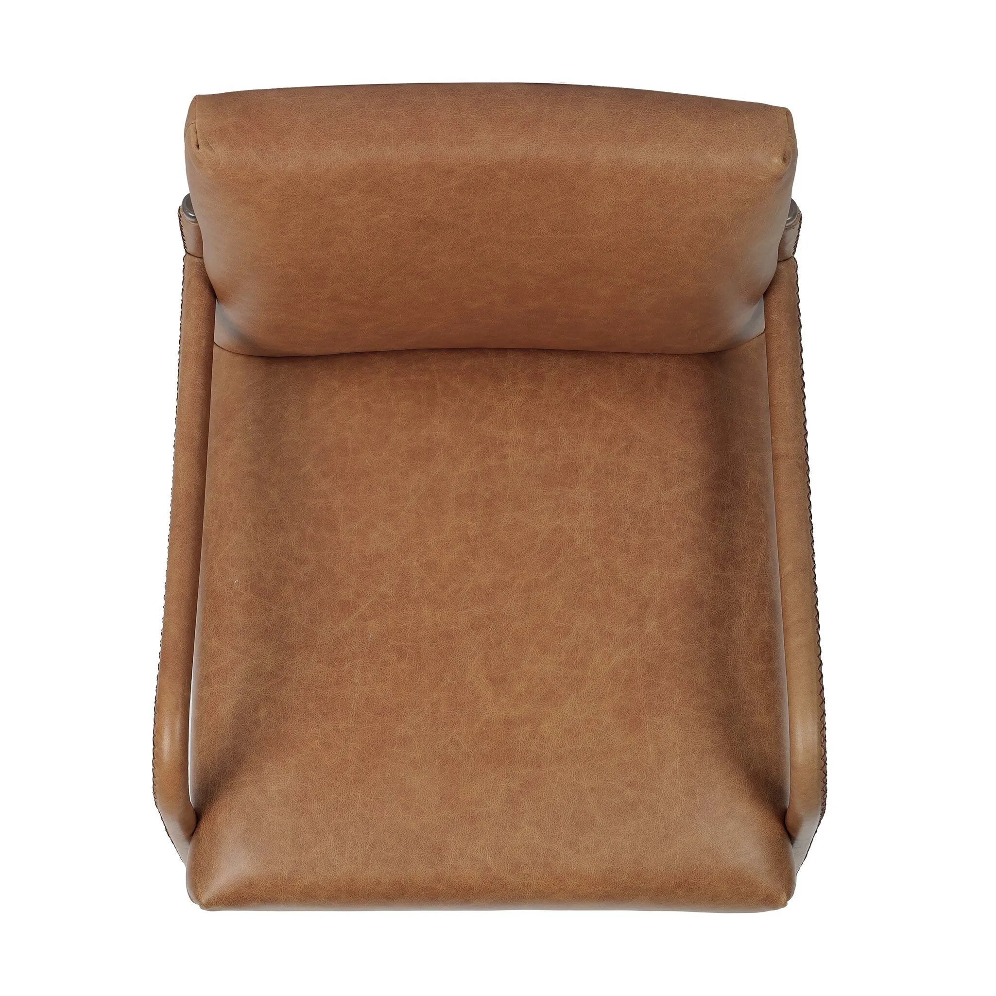 A slim seating style with timeless materials. An armless chair is fully upholstered in butterscotch top-grain leather with a subtle vintage look. Iron legs are also covered in leather, with exposed stitching along each leg. Finished with wooden armrests prime for the head of the table. Amethyst Home provides interior design, new home construction design consulting, vintage area rugs, and lighting in the Newport Beach metro area.